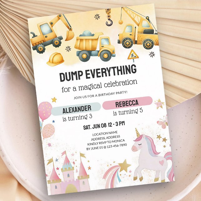 Unicorn Construction Sibling Birthday Invitation (Creator Uploaded)