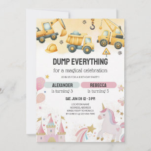 Unicorn Construction Sibling Birthday Invitation