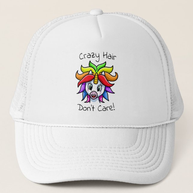 Unicorn Crazy Hair Don't Care Funny Trucker Hat (Front)