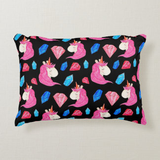 Unicorn, crystals: magical watercolor pattern. decorative cushion