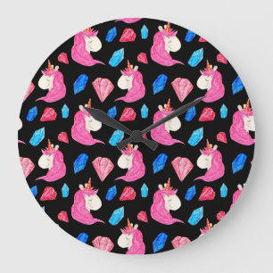 Unicorn, crystals: magical watercolor pattern. large clock