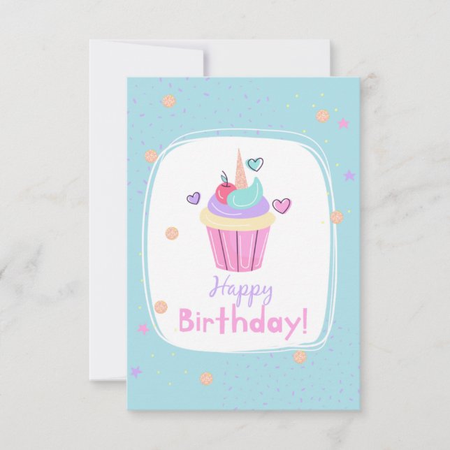 Unicorn Cupcake Birthday Card (Front)