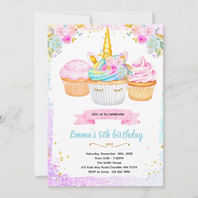 Unicorn cupcake birthday party invitation (Front)
