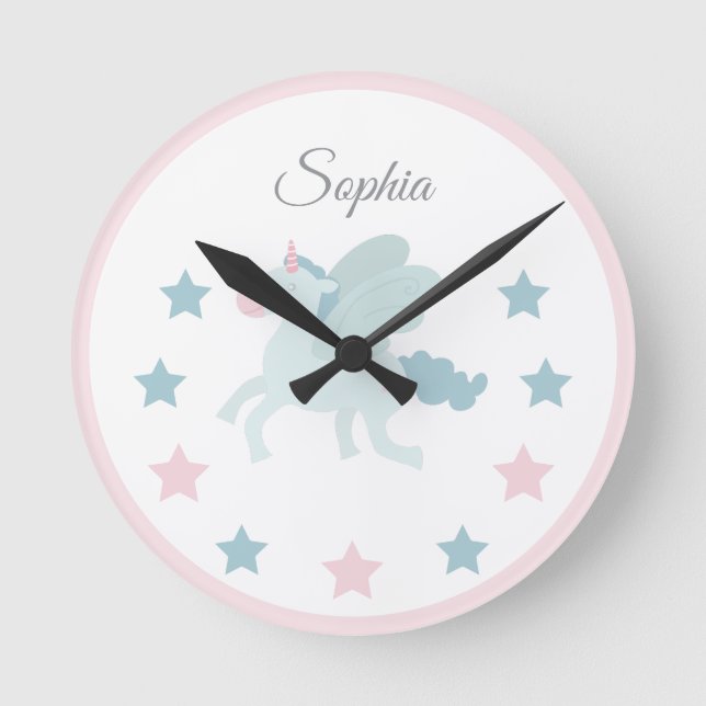 Unicorn Custom Name Cute Pink Blue  Round Clock (Front)