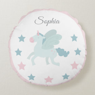 Unicorn Custom Name Cute Pink Blue Round Cushion