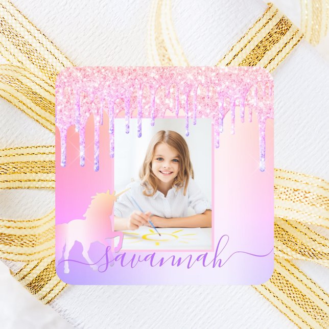 Unicorn custom photo glitter pink rainbow sparkle square sticker (Creator Uploaded)