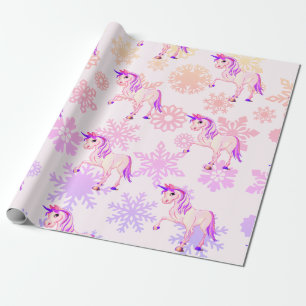 Unicorn Cute Girl Whimsical Pink Snowflakes Wrapping Paper