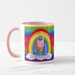 Unicorn Cute Happy  BIRTHDAY Rainbow Glitter Mug