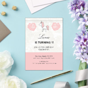 Unicorn Cute Pink 1st Birthday Party Invitation