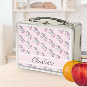 Unicorn Cute Watercolor Pattern Personalised Name Metal Lunch Box
