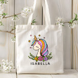 Unicorn Cute Whimsical Girly Personalised Name<br><div class="desc">Unicorn Cute Whimsical Girly Pink Floral Personalised Name Tote Bag features a cute unicorn with stars,  hearts and flowers. Perfect for back to school,  book bags for girls,  birthday party gifts and favours,  personalised Christmas gifts for girls and more. Designed by ©Evco Studio www.zazzle.com/store/evcostudio</div>