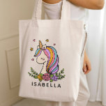 Unicorn Cute Whimsical Girly Personalised Name Tote Bag<br><div class="desc">Unicorn Cute Whimsical Girly Pink Floral Personalised Name Tote Bag features a cute unicorn with stars,  hearts and flowers. Perfect for back to school,  book bags for girls,  birthday party gifts and favours,  personalised Christmas gifts for girls and more. Designed by ©Evco Studio www.zazzle.com/store/evcostudio</div>