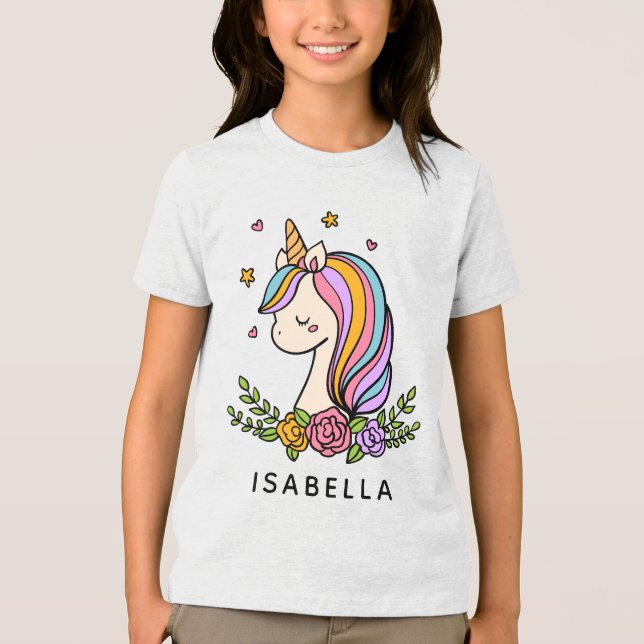 Unicorn Cute Whimsical Girly Personalised Name Tri-Blend Shirt (Front)