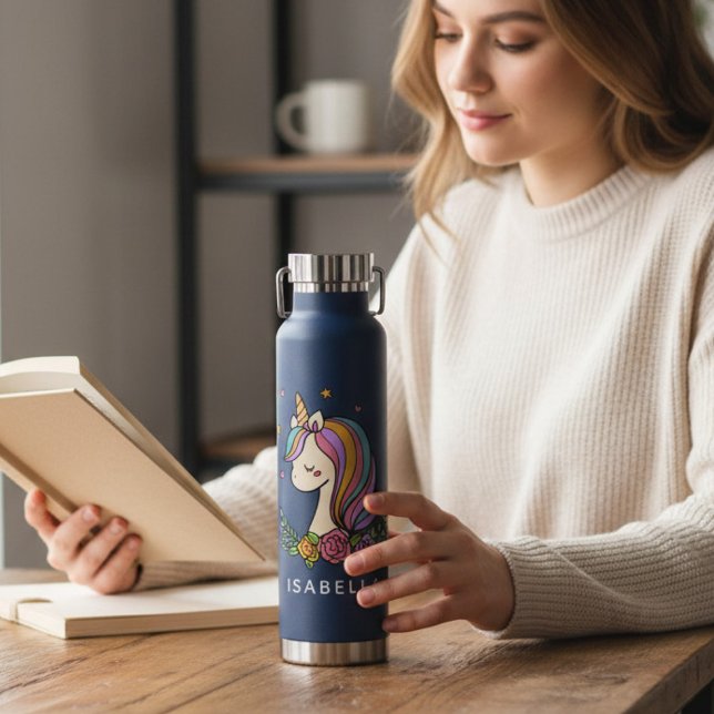 Unicorn Cute Whimsical Girly Personalised Name Water Bottle (Creator Uploaded)