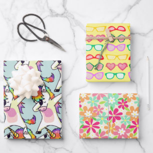 Unicorn Dab Dance Pose, Sunglasses, Fun Floral Wrapping Paper Sheet