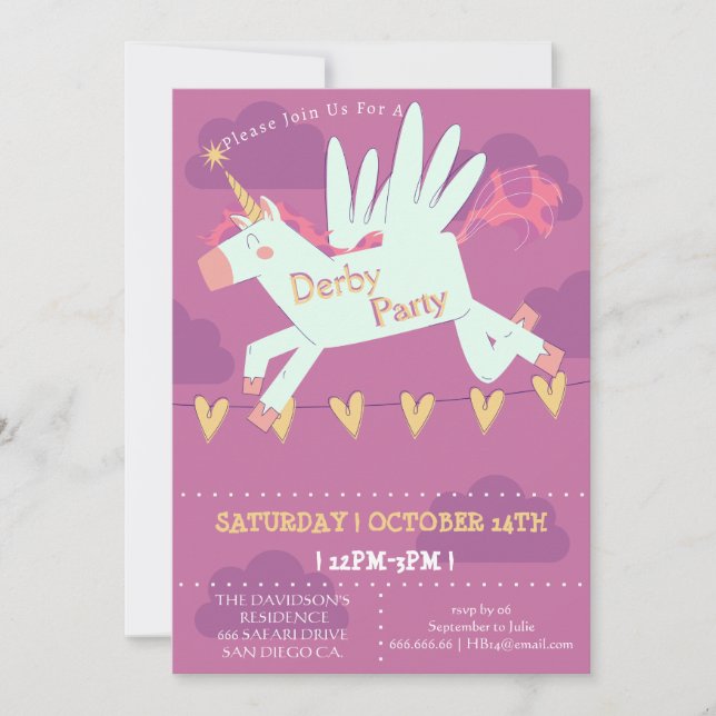 Unicorn Derby Party Invitation Kids Birthday Magic (Front)