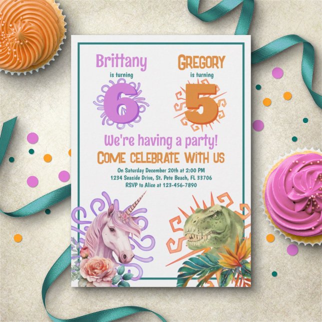 Unicorn Dinosaur Joint Birthday Invitation (Creator Uploaded)