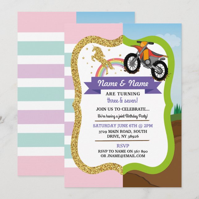 Unicorn & Dirt Bike Boy Girl Shared Birthday Invitation (Front/Back)