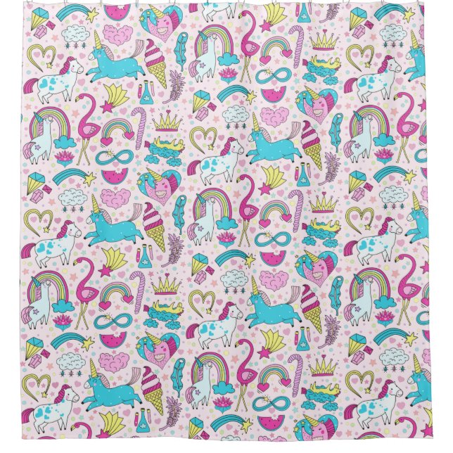 Unicorn Doodle Pattern Shower Curtain (Front)