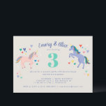 Unicorn Double Birthday Party Invitation<br><div class="desc">Celebrate twins, siblings, or friends birthday with a party invitation featuring a pair of illustrated unicorns, one blush pink and the other periwinkle blue, with pretty pastel rainbow mane and tail hair surrounded by a scatter of hearts and magic sparkles. The text of this child's invitation is easy to personalise...</div>