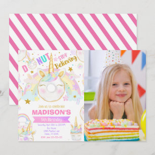 Unicorn Doughnut Girl Magical Sweet Birthday Photo Invitation