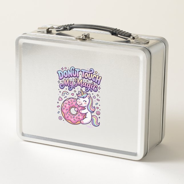 Unicorn Doughnut Touch My Magic Gift Idea Sticker  Metal Lunch Box (Front)