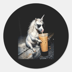 Unicorn drinking iced coffee funny animal meme men classic round sticker