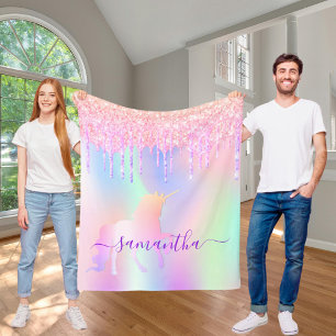 Unicorn drips pink holographic girl fleece blanket