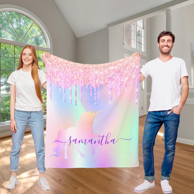 Unicorn drips pink holographic girl fleece blanket (Creator Uploaded)