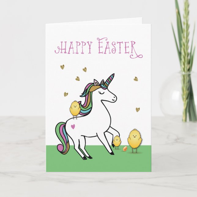 Unicorn Easter Wishes with Chicks Card (Front)