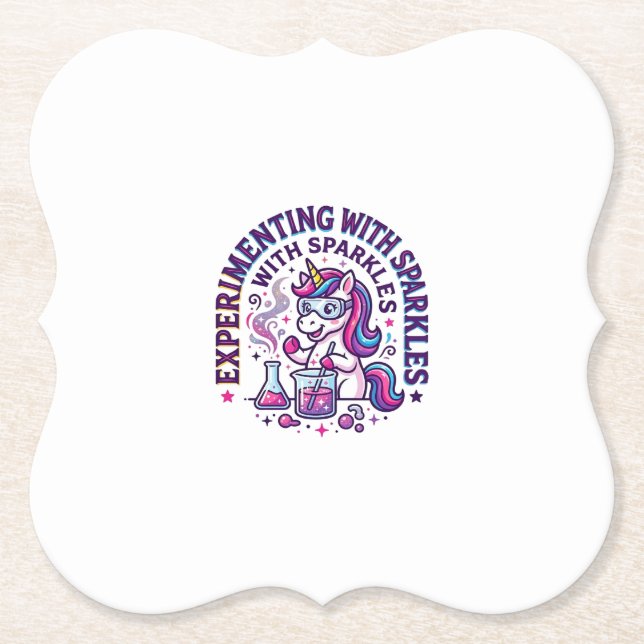 Unicorn Experimenting with Sparkles Commercial Cut Paper Coaster (Front)