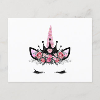 Unicorn eyelashes, Watercolor flower, Glitter horn Postcard