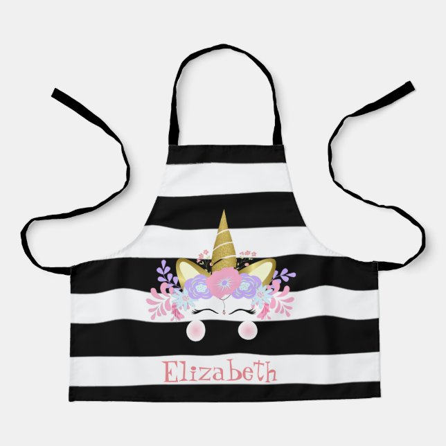 Unicorn Face Black Stripes Personalised Apron (Front)