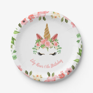 Unicorn Face Floral Birthday Paper Plate