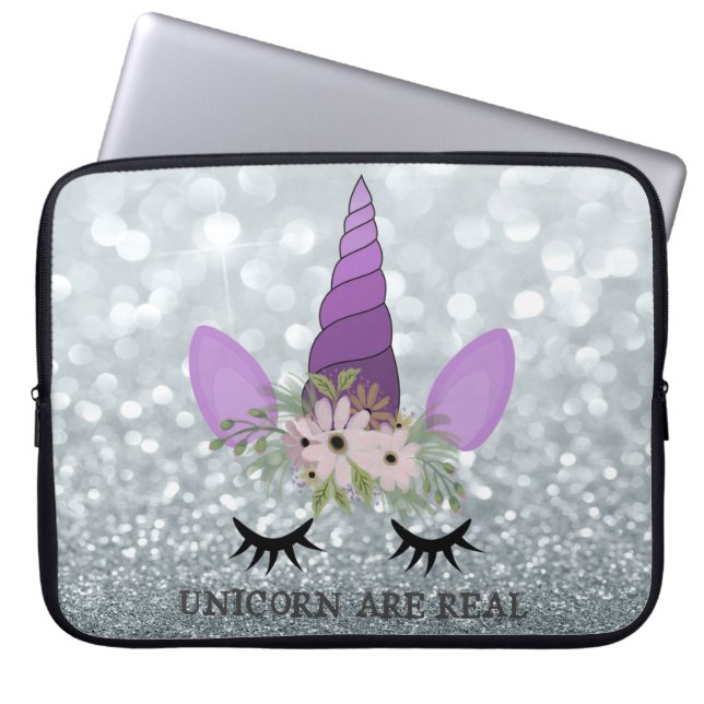 Unicorn Face, Floral Crown, Silver Glitter Bokeh Laptop Sleeve (Front)