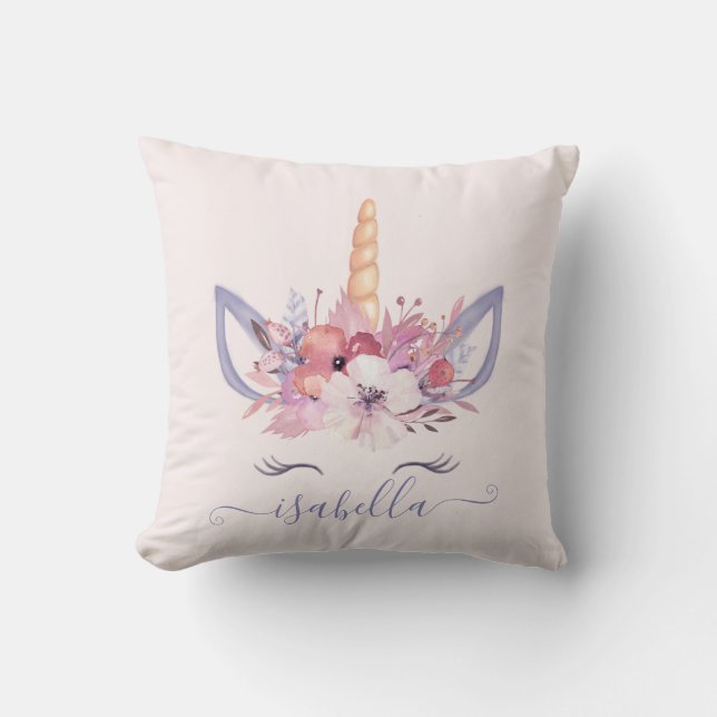Unicorn face floral watercolor cushion (Front)