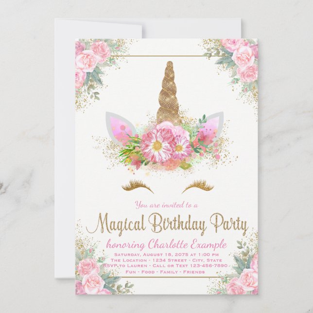 Unicorn Face Girls Birthday Party Invitations (Front)