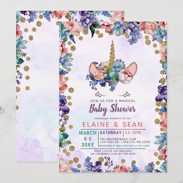Unicorn Face Glitter Floral Girl Baby Shower Invitation (Front/Back)