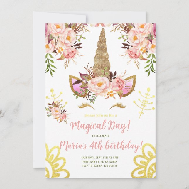 Unicorn face Gold Pink Peony Floral Birthday Invitation (Front)
