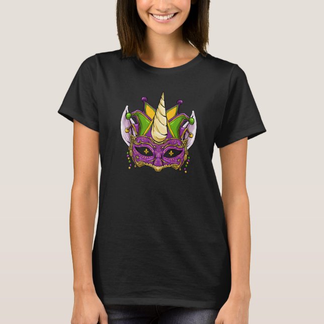 Unicorn Face Jester Mask Funny Mardi Gras Carnival T-Shirt (Front)