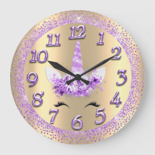 Unicorn Face Numbers Girly Glitter Spark Purple Large Clock