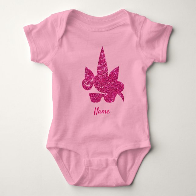 Unicorn Face Pink Glitter Cute Girly Kids Baby Bodysuit (Front)