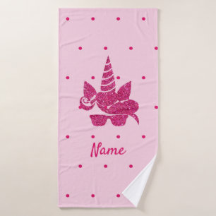 Unicorn Face Pink Glitter Girly Kids Bath Towel Set