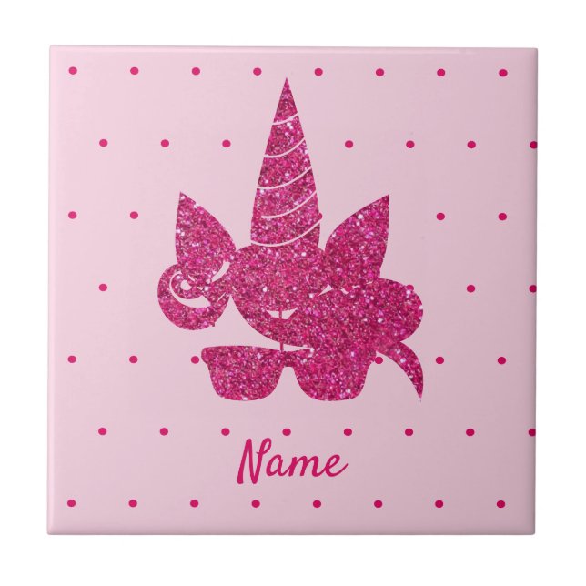 Unicorn Face Pink Glitter Girly Kids Tile (Front)