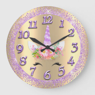 Unicorn Face Pink Gold Girly Glitter Spark Purple Large Clock