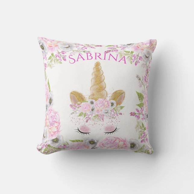 Unicorn Face Pink Peony Floral WhimsicalArtwork™ Cushion (Front)