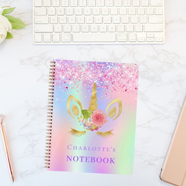 Unicorn face pink purple holographic girl notebook (Creator Uploaded)