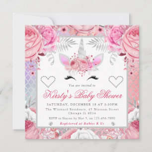 Unicorn Face Pink Silver Baby Shower Invitation