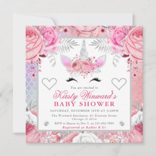 Unicorn Face Pink Silver Baby Shower Square Invitation