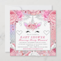 Unicorn Face Pink Silver Baby Shower Square